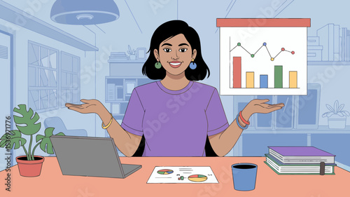 A cheerful businesswoman presents data charts and graphs in a modern office setting a perfect design for presentations business reports and marketing materials