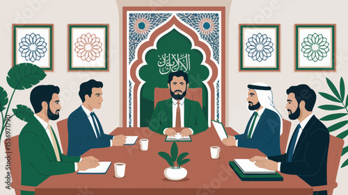Elegant Arabic Business Meeting Design featuring businessmen in formal attire gathered around a table in a sophisticated setting with Islamic architectural details, perfect for branding and corporate 