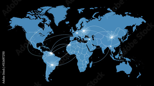 Global Network Map showcasing international connections and worldwide communication routes ideal for presentations business reports and website design