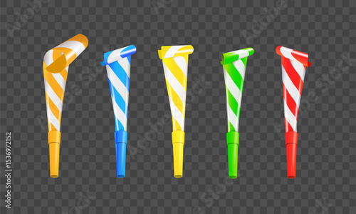 Color Party Blower Whistles Set of Celebration Happy Party. Realistic Detailed 3d. Vector