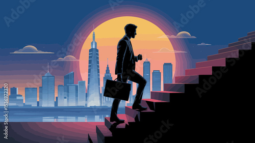Businessman Ascending Steps Towards a Bright Cityscape at Sunset  A powerful design symbolizing ambition, success, and career growth, ideal for corporate branding and motivational projects.