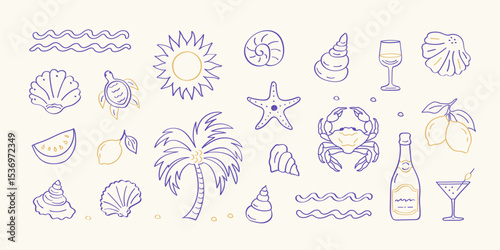 Hand-drawn summer icons in minimalist line art style: palm tree, lemons, cocktail, vine, sun, sea, crab, and seashells. Ideal for vacation, ocean vibes, travel, and beach party themes. Vector art.