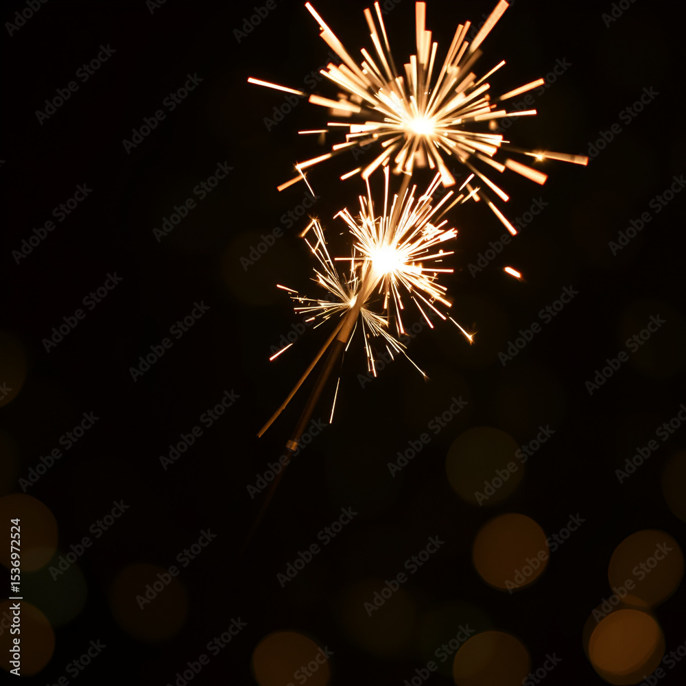 Fototapeta premium burning sparkler on bokeh background from lights of garland