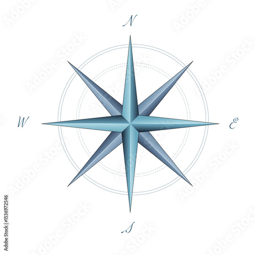 Wind rose, compass. Vector illustration of the cardinal points. Symbol of travel. Cold color palette, gradient.