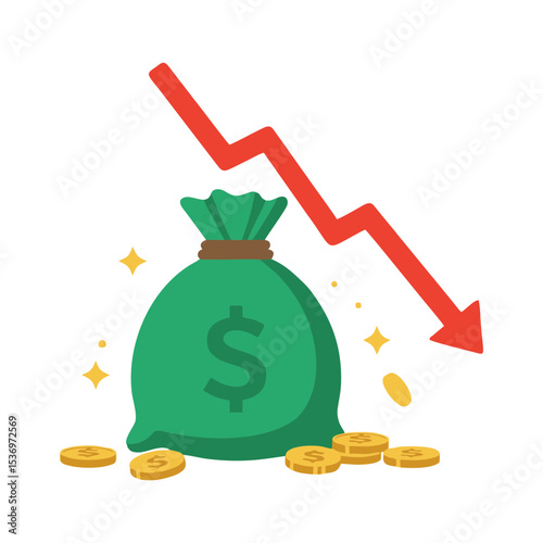 Green money sack with arrow and few coin stacks