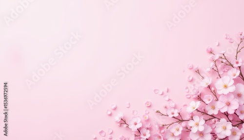 Delicate pink cherry blossoms in full bloom against a soft pink backdrop pink