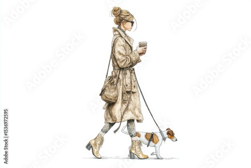 A woman walking her dog with a cup