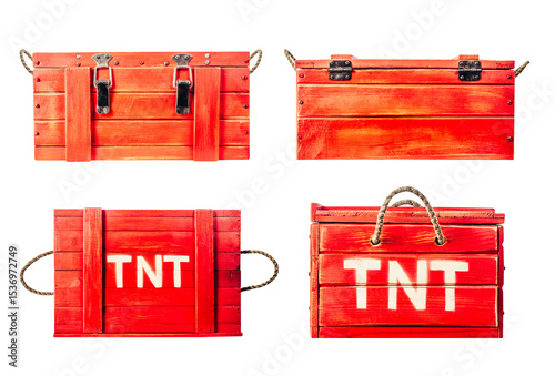 Isolated photo of wooden red colored tnt explosives box on white background.