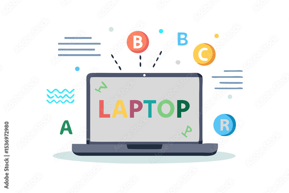 Open Laptop with Floating Letters and Symbols Digital Learning Concept Open Laptop with Floating Letters and Symbols Digital Learning Concept