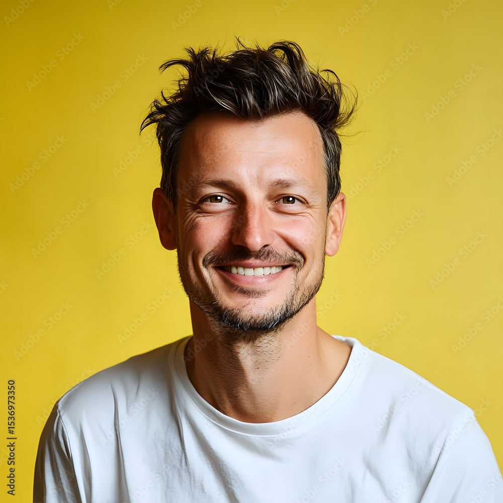 Obraz premium Happy Smiling Man Portrait Yellow Background Studio Shot