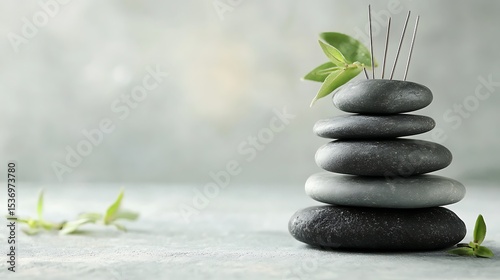 Stones and incense sticks on a white marble background. Zen concept