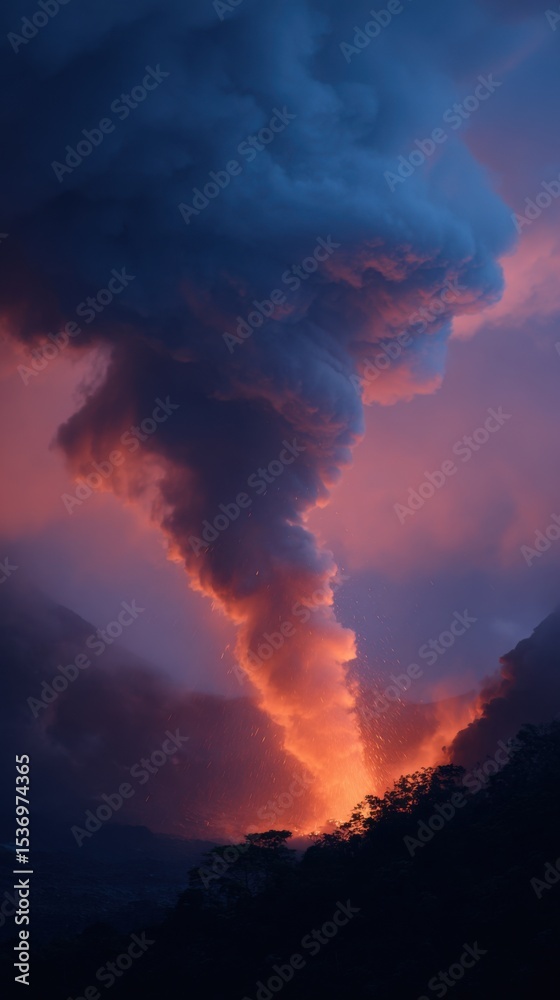 Fototapeta premium Elemental Fury: Spiraling Smoke Pillars and Lava Explosions at Volcanic Crater