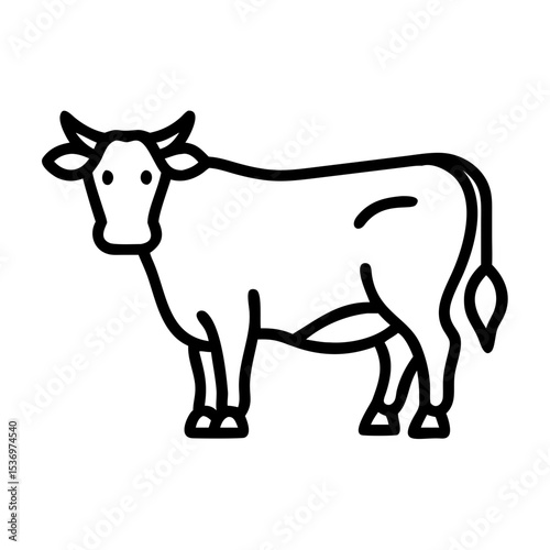 Minimalist black outline vector icon of a cow, symbolizing farming, agriculture