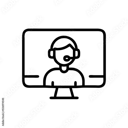 Minimalist black outline vector icon of an online tutor on a computer screen, symbolizing e-learning, remote support, and digital communication in a clean and simple design