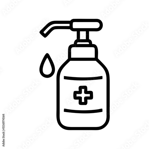 Minimalist black outline vector icon of a hand sanitizer pump bottle, symbolizing hygiene, disinfection, and medical safety in a clean and simple design