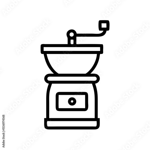 Minimalist black outline vector icon of a manual coffee grinder, symbolizing café culture, brewing, and fresh coffee in a clean and simple design