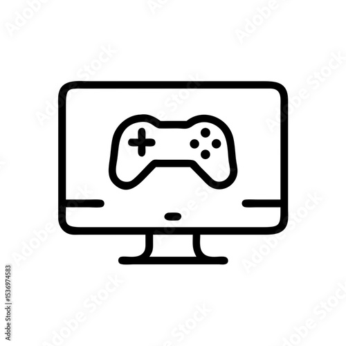 Minimalist black outline vector icon of online gaming, showing a monitor with a game controller, symbolizing esports, digital entertainment, and virtual play