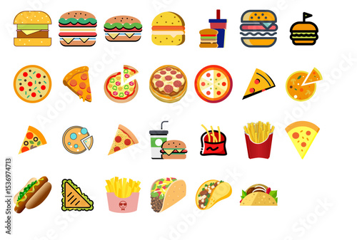 A clean and modern fast food icon pack in SVG vector format. Includes icons for burgers, pizza, fries, drinks, hot dogs, tacos, ice cream, sandwiches, and more — perfect for restaurant, food delivery,