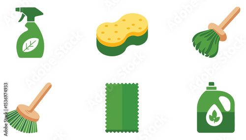 Green set of recycling cleaning tools with an eco leaf design