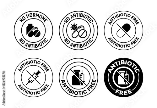 Antibiotic free icons set design, No antibiotic label sign black on white background