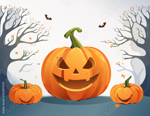 Smiling jack-o'-lantern surrounded by pumpkins on a hill, with bare autumn trees and falling leaves. The background is white with ample copy space. A fun and cheerful Halloween illustration