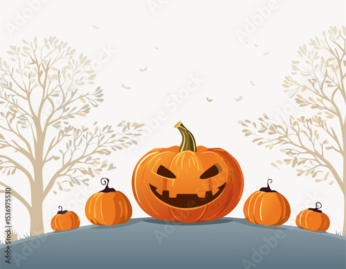 A grinning jack-o'-lantern leads a group of pumpkins beneath leafless trees. The sky is plain white with soft flying leaves, giving this Halloween-themed illustration a cozy, festive charm.