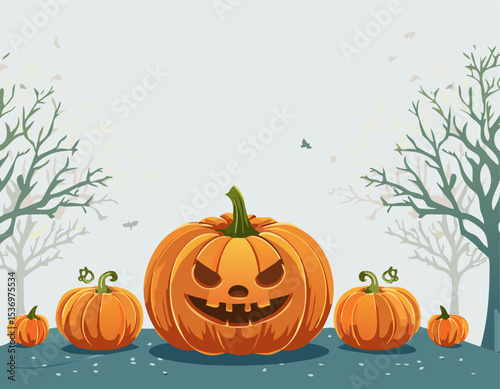 Playful pumpkins with carved faces sit on a soft hilltop with dry trees in the background. Bright autumn colors stand out against the clean white backdrop