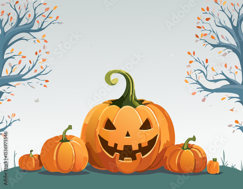 Happy Halloween pumpkins sit under bare autumn trees with leaves drifting in the wind. A white background makes it perfect for adding text or promotional content. Simple and clean seasonal artwork.