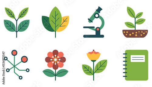 Vector set of eco-friendly gardening tools with nature-inspired tree, leaf, and flower icons illustrating plant growth and environmental design concepts