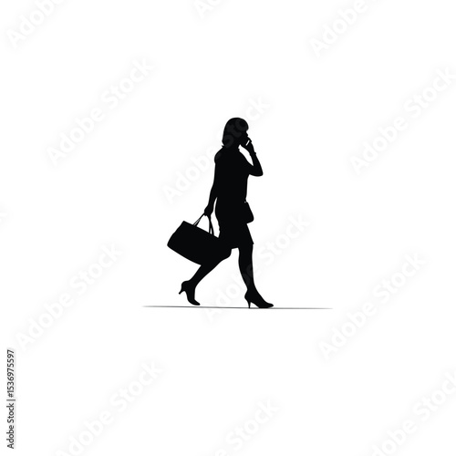 woman talking on mobile while walking on white background