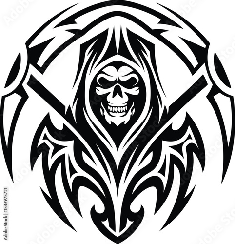 Tribal grim reaper skull design isolated on white background