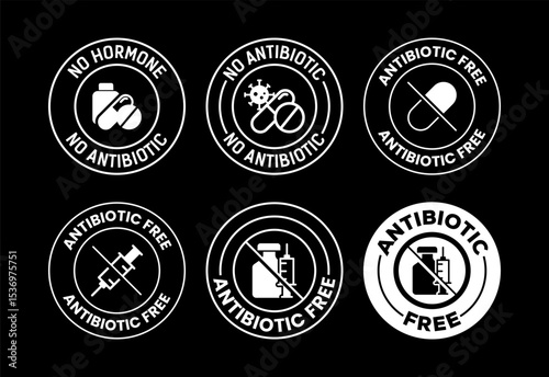 Antibiotic free icons set design, No antibiotic label sign white on black background