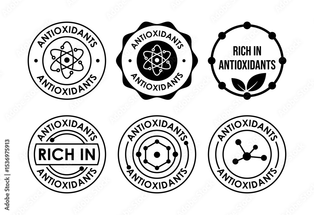 Obraz premium Rich in antioxidants icons set design. Antioxidant rich food label sign symbol black on white background