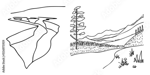 Vector Mountain landscape with wildflower and riverbank .