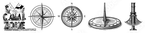 Vector Vintage nautical illustrations depict a ship compass roses and navigational tools.