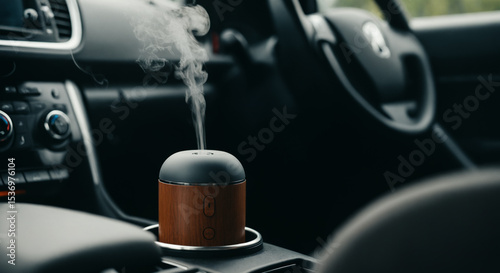 Wooden diffuser emitting steam in modern car interior