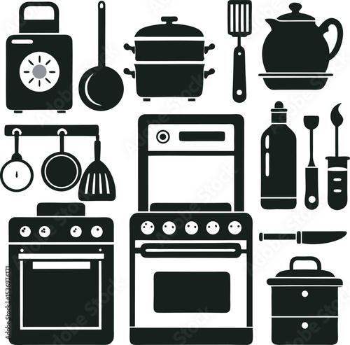 A collection of stylized kitchen tools and utensils, featuring various common cooking implements like spatulas, whisks, and grates, rendered with a clean and simple graphic aesthetic.