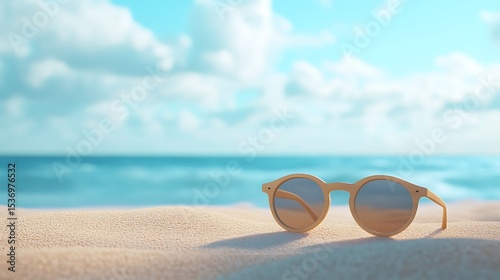 Sunglasses in the sand on the beach.