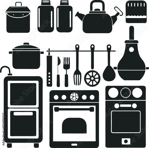 A collection of stylized kitchen tools and utensils, featuring various common cooking implements like spatulas, whisks, and grates, rendered with a clean and simple graphic aesthetic.