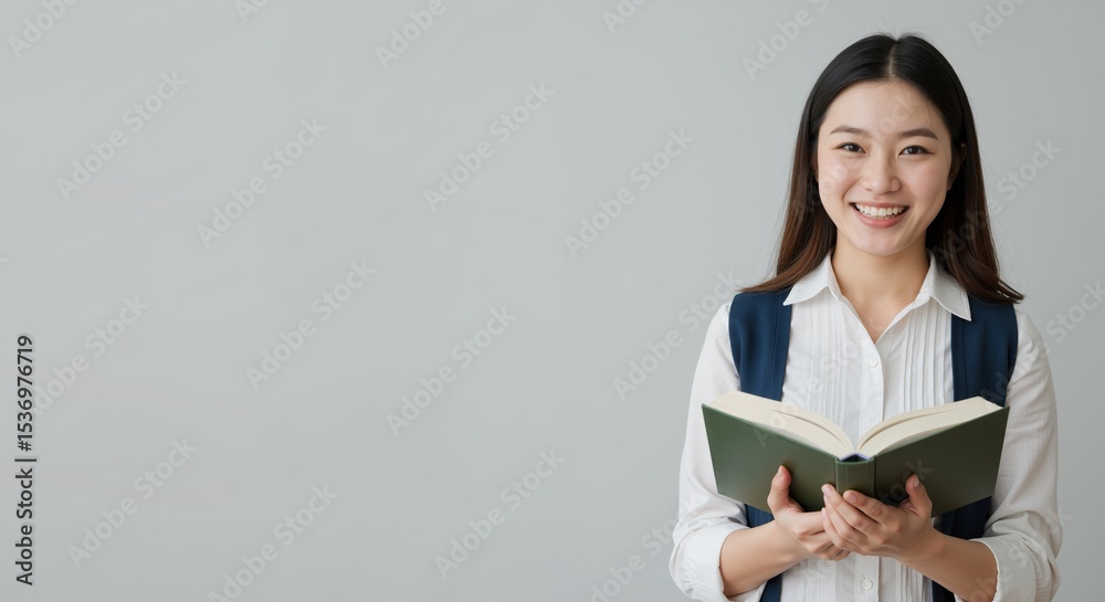 Young woman smiling while holding a book in a neutral background Young woman smiling while holding a book in a neutral background