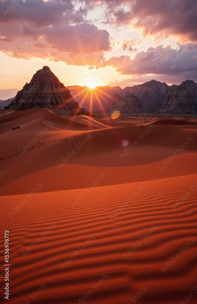 Naklejka premium Sunrise over desert dunes with dramatic mountain backdrop.
