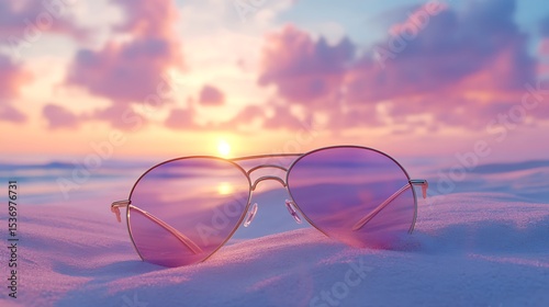 Sunglasses in the sand on the beach.