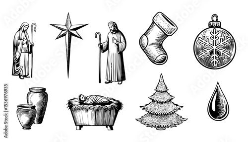 Vector Vintage Christmas depict nativity scenes and festive decorations.