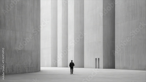 Minimalist black and white photo of a lone person standing in a vast, modern concrete cityscape.