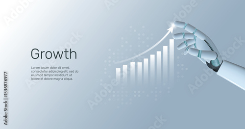 AI hand pointing at growing bar chart, Boosting of business result with AI concept. Artificial Intelligence technology innovation background. Positive business trend on graph concept