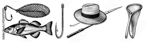 Vector Vintage fishing equipment featuring a fish net rod and gloves.