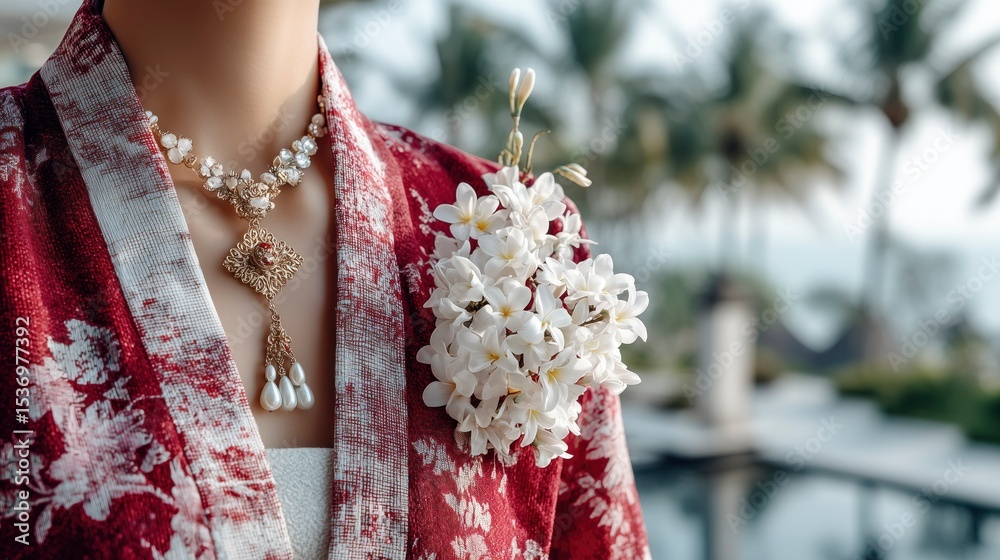 Obraz premium Red-and-white kebaya collar with jasmine flowers and batik patterns, symbolizing Indonesian Independence Day pride