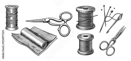 Vector Vintage sewing tools including spools fabric scissors and pins are displayed as detailed illustrations.