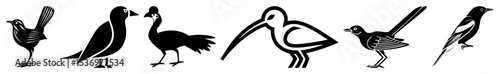 Vector Stylized avian illustrations depict diverse bird species in a minimalist vector .