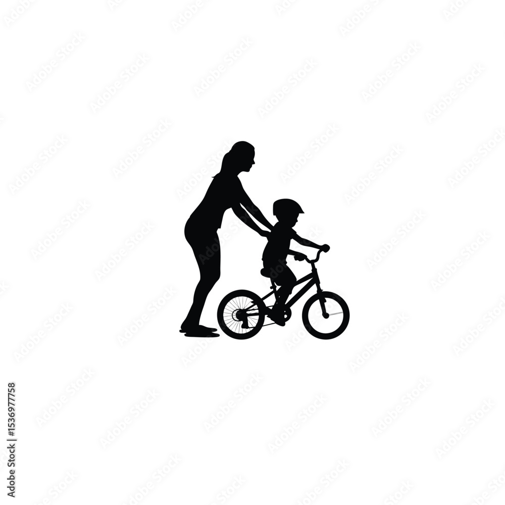 Fototapeta premium woman teaching child to ride bicycle silhouette on white background